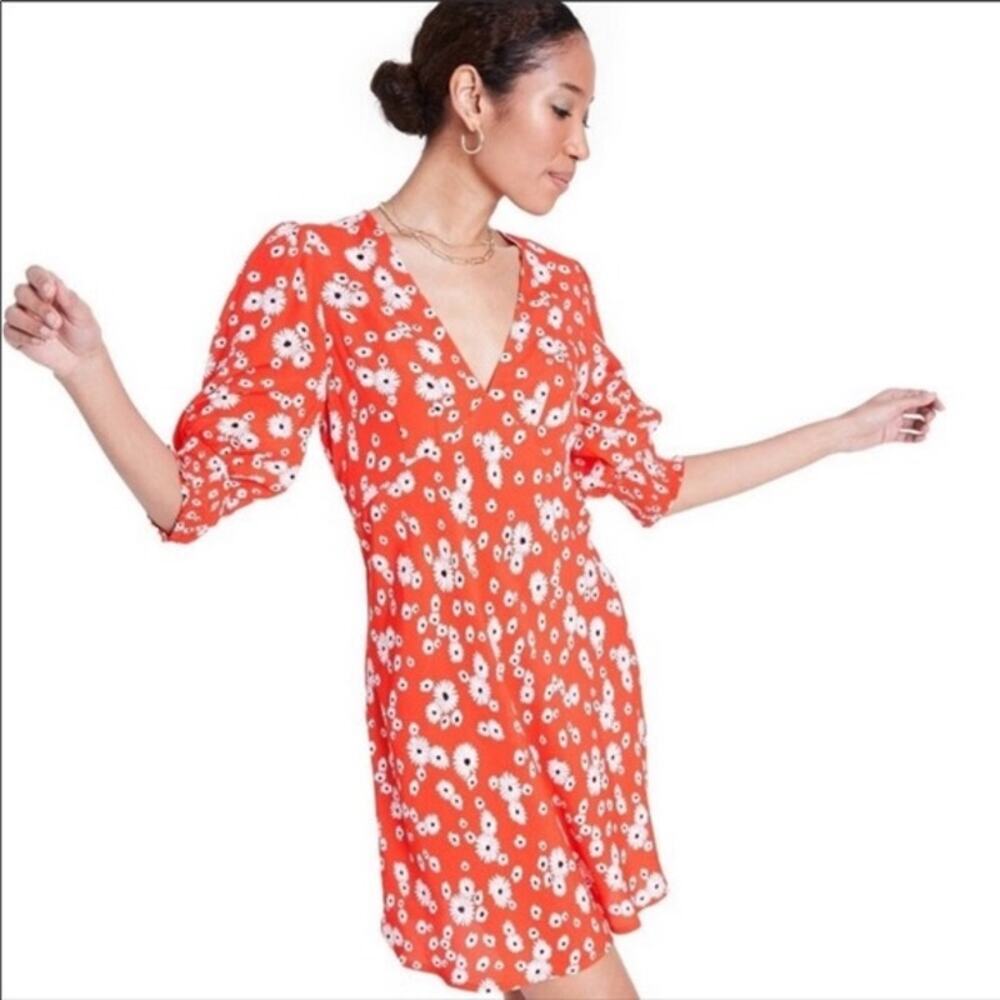 Rixo for Target Women's Red Daisy Floral‎ Puff Sleeve V-Neck Mini Dress Size 4